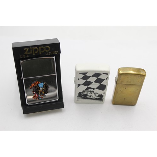 531 - 3 x Assorted ZIPPO Cigarette Lighters Inc Racing, Harley Davidson, Brass etc