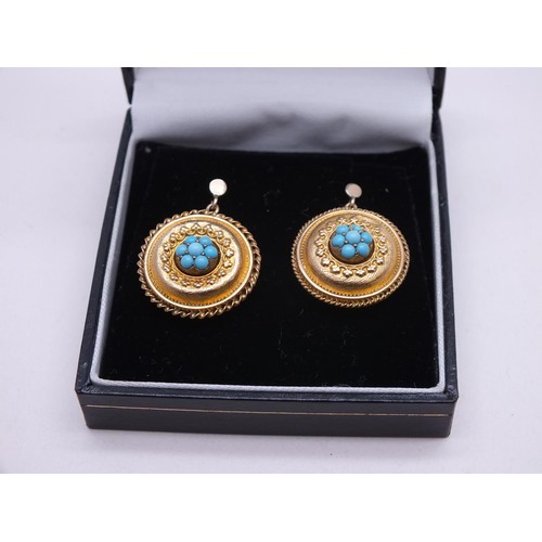 301 - PAIR OF VINTAGE 9ct GOLD AND TURQUOISE EARRINGS - VERY GOOD CONDITION 4.8g