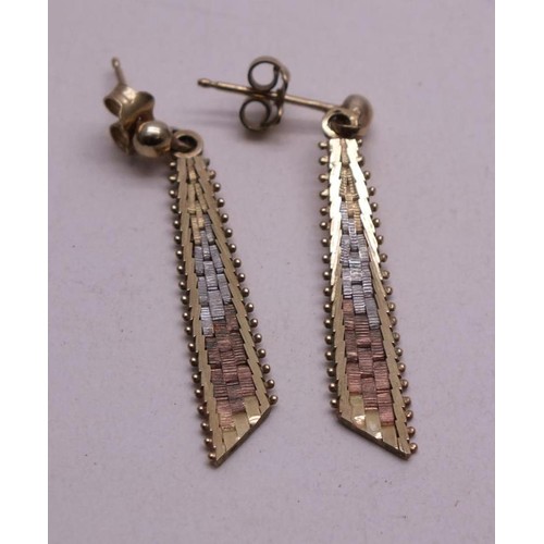 305 - 9ct THREE COLOUR GOLD DANGLE EARRINGS JWT MAKERS MARK WEIGHT 2.8g,  LENGTH APPROX 3.5cm