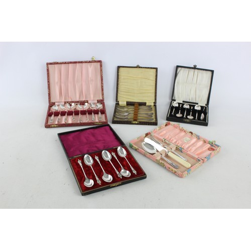 632 - 5 x Vintage Boxed SILVER PLATE Cutlery Sets Inc Teaspoons, Cake Server Etc