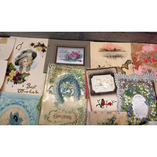 128 - COLLECTION OF VINTAGE/ANTIQUE EPHEMERA, EMBROIDERED CALENDAR, CARDS ETC