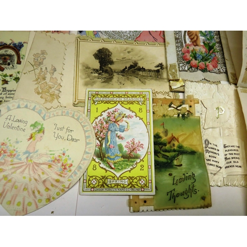 128 - COLLECTION OF VINTAGE/ANTIQUE EPHEMERA, EMBROIDERED CALENDAR, CARDS ETC