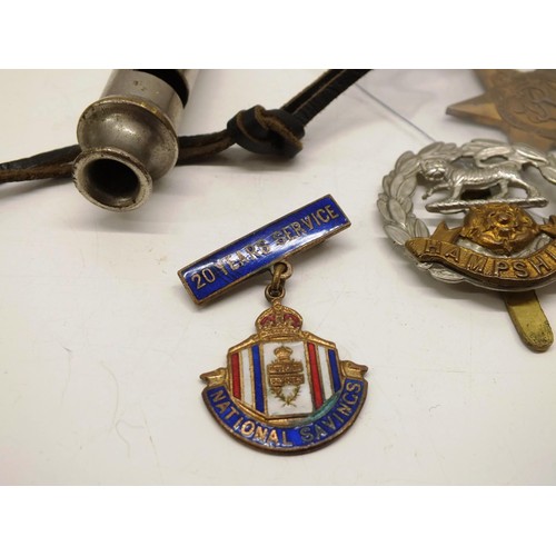 16 - ATLANTIC STAR MEDAL, OLD WHISTLE, VARIOUS BADGES