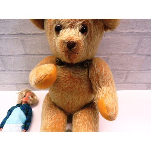 85 - VINTAGE MECHANICAL TEDDY PLUS OTHER FUR TOYS AND A PALITOY DOLL