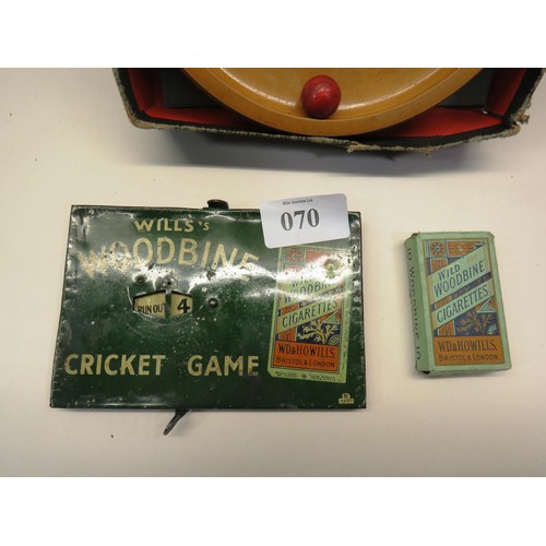 70 - WILLS WOODBINE TINPLATE CRICKET GAME SCORER PLUS A VINTAGE MINIATURE ROULETTE WHEEL