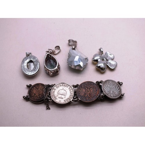 18 - COIN BRACELET & FOUR PENDANTS