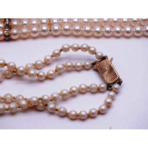 214 - PEARL NECKLACES INCLUDES SOME WITH 9ct GOLD FASTENERS