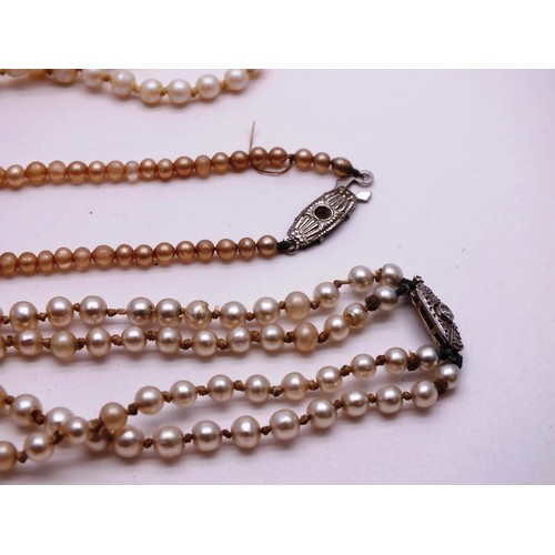 214 - PEARL NECKLACES INCLUDES SOME WITH 9ct GOLD FASTENERS