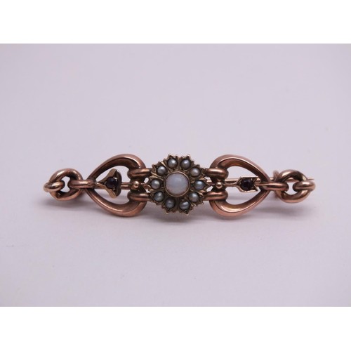 227 - VICTORIAN 9ct ROSE GOLD BAR BROOCH SET WITH OPAL, GARNETS AND SEED PEARLS WEIGHT 3.2g