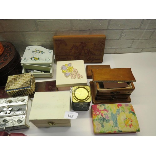 145 - SHELF LOT OF VARIOUS JEWELLERY BOXES