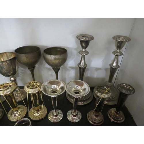 26 - JOB LOT OF SILVERPLATE TO INCLUDE CANDLEABRAS, GOBLETS ETC