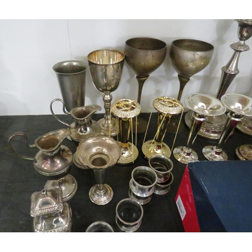 26 - JOB LOT OF SILVERPLATE TO INCLUDE CANDLEABRAS, GOBLETS ETC