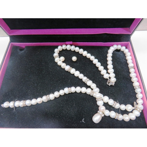 35 - WHITE CULTURED PEARL 925 NECKLACE, BRACELET AND EARRING SET- BOXED