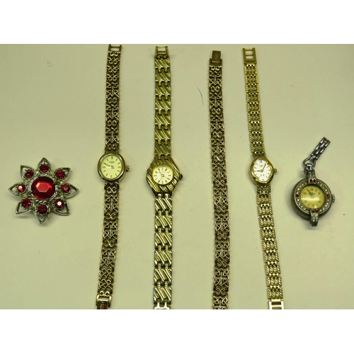 36 - JOB LOT OF GOLD TONE WATCHES PLUS WATCH FACE AND BROOCH TO INCLUDE ROTARY WRISTWATCH AND BRACELET SE... 