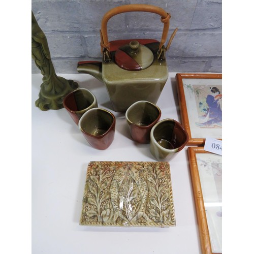 84 - ORIENTAL COLLECTABLES INCLUDES TEAPOT WITH FOUR CUPS, CARVED SOAPSTONE TRINKET POT, PICTURES & RESIN... 