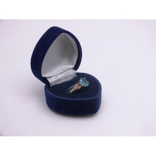 100 - 925 SILVER RING SET WITH AQUAMARINE & MARCASITES SIZE P, IN BLUE VELVET HEART SHAPED RING BOX