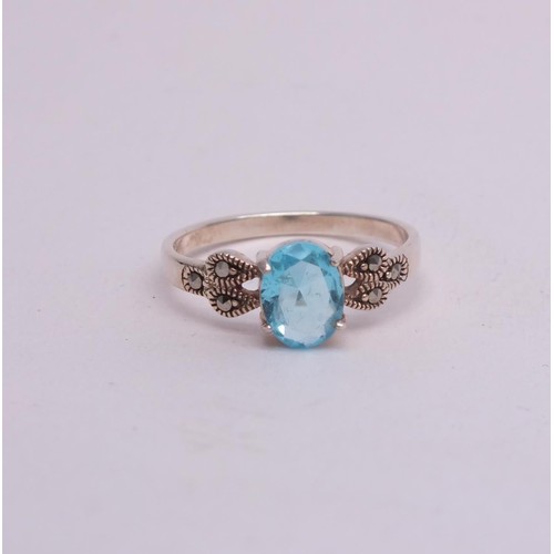 100 - 925 SILVER RING SET WITH AQUAMARINE & MARCASITES SIZE P, IN BLUE VELVET HEART SHAPED RING BOX