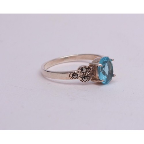 100 - 925 SILVER RING SET WITH AQUAMARINE & MARCASITES SIZE P, IN BLUE VELVET HEART SHAPED RING BOX