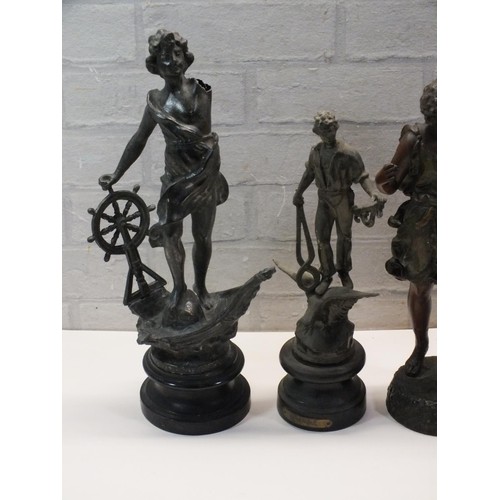 603 - 4 x Antique Spelter Figures Inc Le Travail Etc