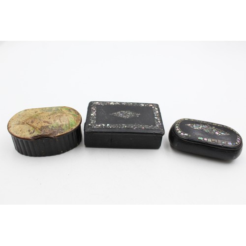 565 - 3 x Antique 1860s SNUFF BOXES Inc Abalone, Ebony, Papier Mache Etc