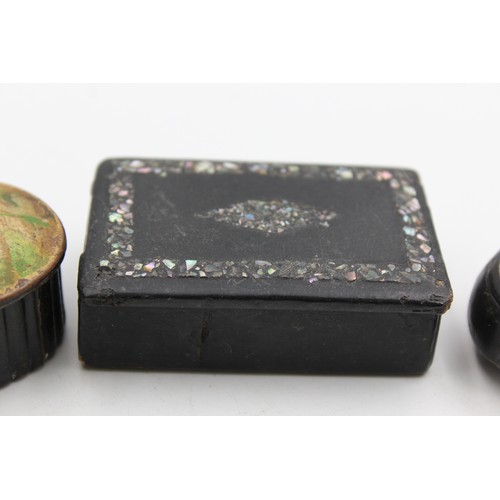 565 - 3 x Antique 1860s SNUFF BOXES Inc Abalone, Ebony, Papier Mache Etc