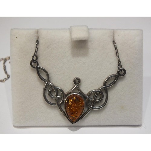 151 - 925 SILVER AND AMBER CELTIC DESIGN NECKLACE - BOXED