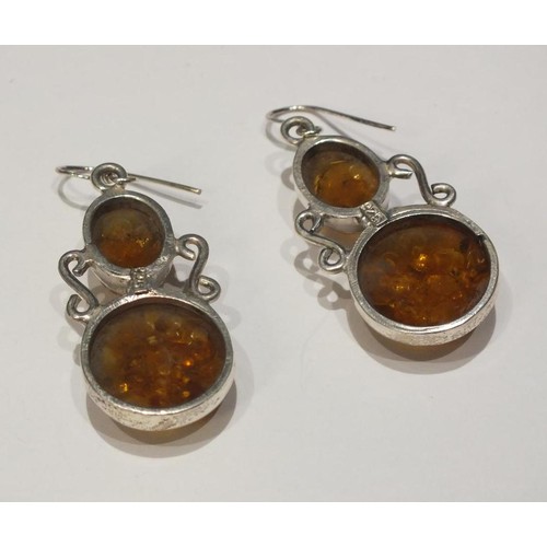 157 - 925 SILVER AND AMBER DANGLE EARRINGS LENGTH 4CM- BOXED