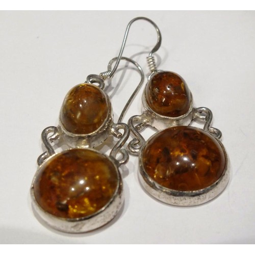 157 - 925 SILVER AND AMBER DANGLE EARRINGS LENGTH 4CM- BOXED