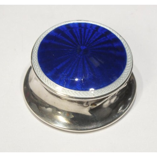 241 - VINTAGE STERLING SILVER PILL BOX WITH BLUE GUILLOCHE ENAMEL TOP