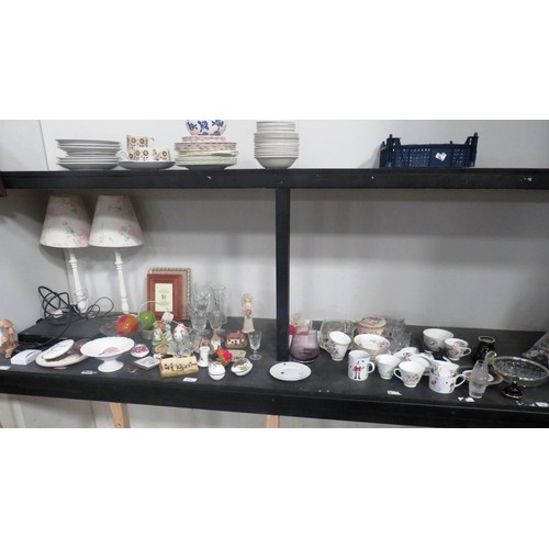 348 - SHELF LOT OF CERAMICS AND GLASSWARE ETC