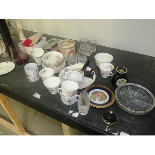 348 - SHELF LOT OF CERAMICS AND GLASSWARE ETC