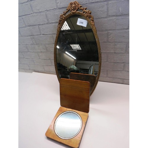 198 - VICTORIAN MIRROR IN WOODEN CASE AND OVAL HALL ANTIQUE MIRROR