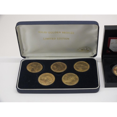 84 - 5x CASED COIN COLLECTIONS TO INCLUDE SOLID GOLDEN BRONZE WINTER OLYMPICS, PRINCE GEORGE OF CAMBRIDGE... 