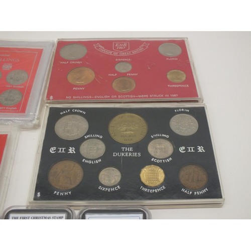 89 - 5x COLLECTABLE COIN SETS PLUS 4x COINS AND STAMPS IN PHILATELIC LEGENDS CASES