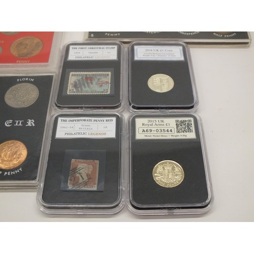 89 - 5x COLLECTABLE COIN SETS PLUS 4x COINS AND STAMPS IN PHILATELIC LEGENDS CASES