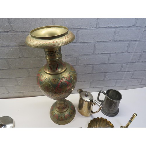 113 - BOX OF ASSORTED METALWARE INCLUDES LARGE BRASS VASE ETC