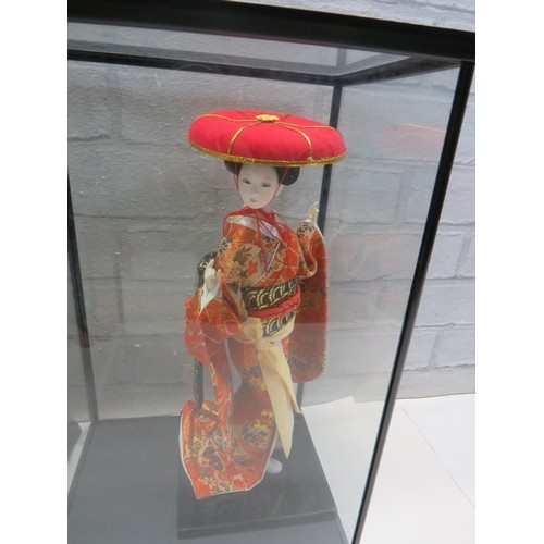 101 - TWO JAPANESE DOLLS WITH GLASS DISPLAY CASES - SAMURAI WARRIOR & GEISHA GIRL