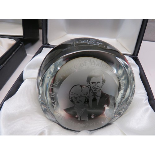 23 - TWO SMALL SWAROVSKI GLASS PAPERWEIGHTS AND TWO BOXED CAITHNESS PAPERWEIGHTS ALL COMMEMORATIVE