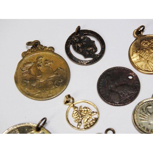 203 - COLLECTION OF VINTAGE AND ANTIQUE COIN JEWELLERY, HOLED COINS, MEDALLIONS INCLUDES 1962 TWO SHILLING... 