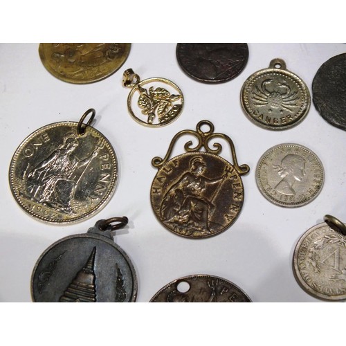 203 - COLLECTION OF VINTAGE AND ANTIQUE COIN JEWELLERY, HOLED COINS, MEDALLIONS INCLUDES 1962 TWO SHILLING... 