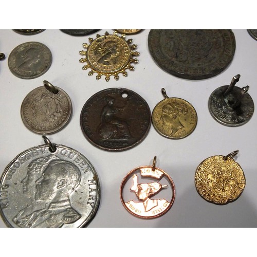 203 - COLLECTION OF VINTAGE AND ANTIQUE COIN JEWELLERY, HOLED COINS, MEDALLIONS INCLUDES 1962 TWO SHILLING... 