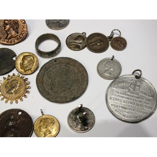 203 - COLLECTION OF VINTAGE AND ANTIQUE COIN JEWELLERY, HOLED COINS, MEDALLIONS INCLUDES 1962 TWO SHILLING... 