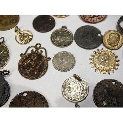 203 - COLLECTION OF VINTAGE AND ANTIQUE COIN JEWELLERY, HOLED COINS, MEDALLIONS INCLUDES 1962 TWO SHILLING... 