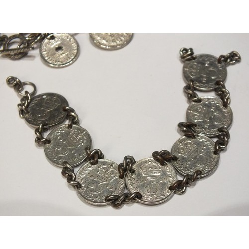 205 - SILVER COIN BRACELETS INCLUDING THREE SILVER PRE 1947 AND TWO COIN PENDANTS