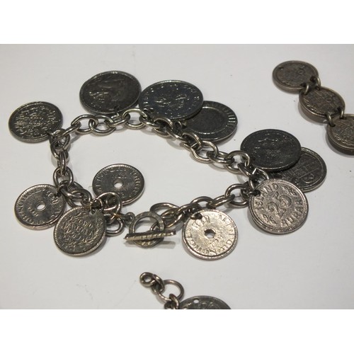 205 - SILVER COIN BRACELETS INCLUDING THREE SILVER PRE 1947 AND TWO COIN PENDANTS