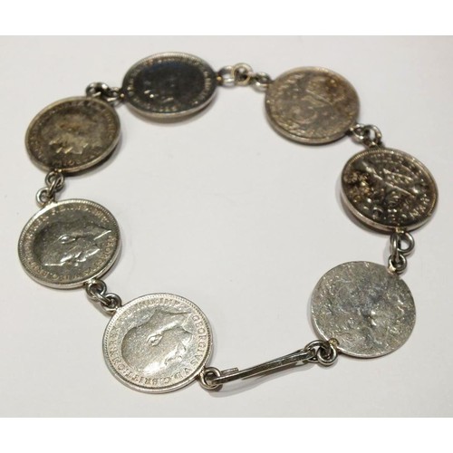 205 - SILVER COIN BRACELETS INCLUDING THREE SILVER PRE 1947 AND TWO COIN PENDANTS