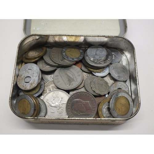 19 - OLD TOBACCO TIN FULL OF COLLECTABLE ALL WORLD COINAGE