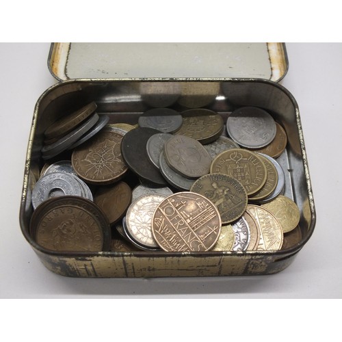 22 - OLD TOBACCO TIN FULL OF COLLECTABLE ALL WORLD COINS