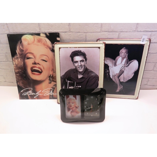 313 - MARILYN MONROE CLOCK- TWO METAL SIGNS- MARILYN AND ELVIS PRESLEY