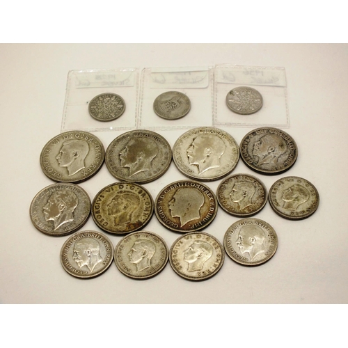 30 - 125 GRAMS OF PRE 1947 SILVER COINS, HALF CROWNS ETC